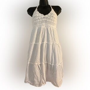 Women's White Tiered Crochet Bodice Midi Dress